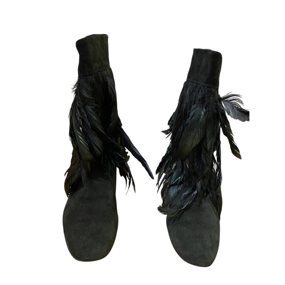 Black Suede Feather Delman Ankle Boots Size 9.5 Western Indian Punk Rock Retro - Picture 3 of 12